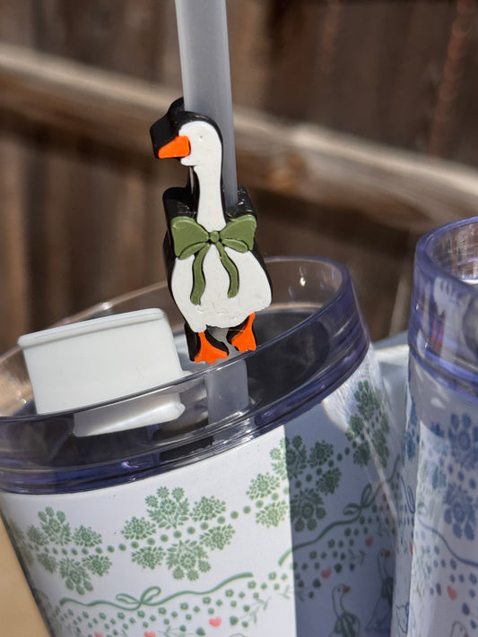 Goose sage green bow Straw Topper