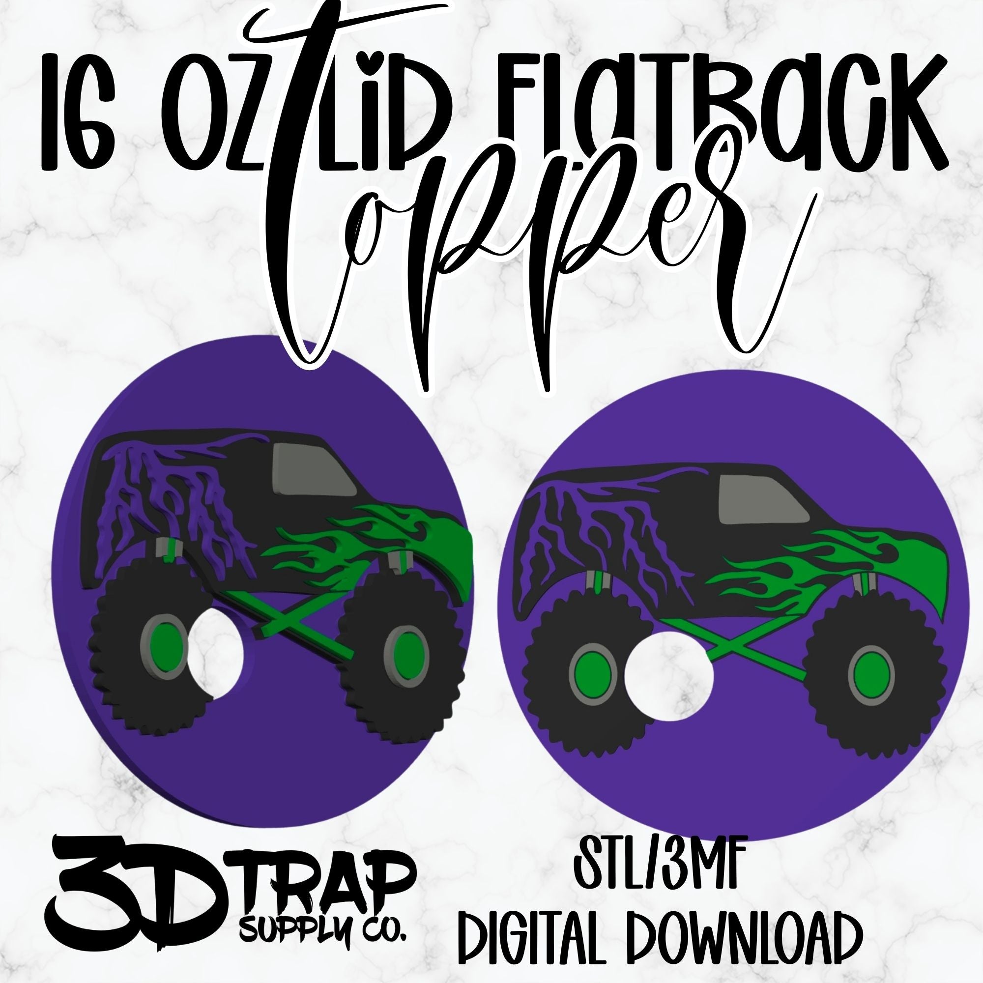 Monster Truck 16 oz Flatback Lid Topper STL/3MF