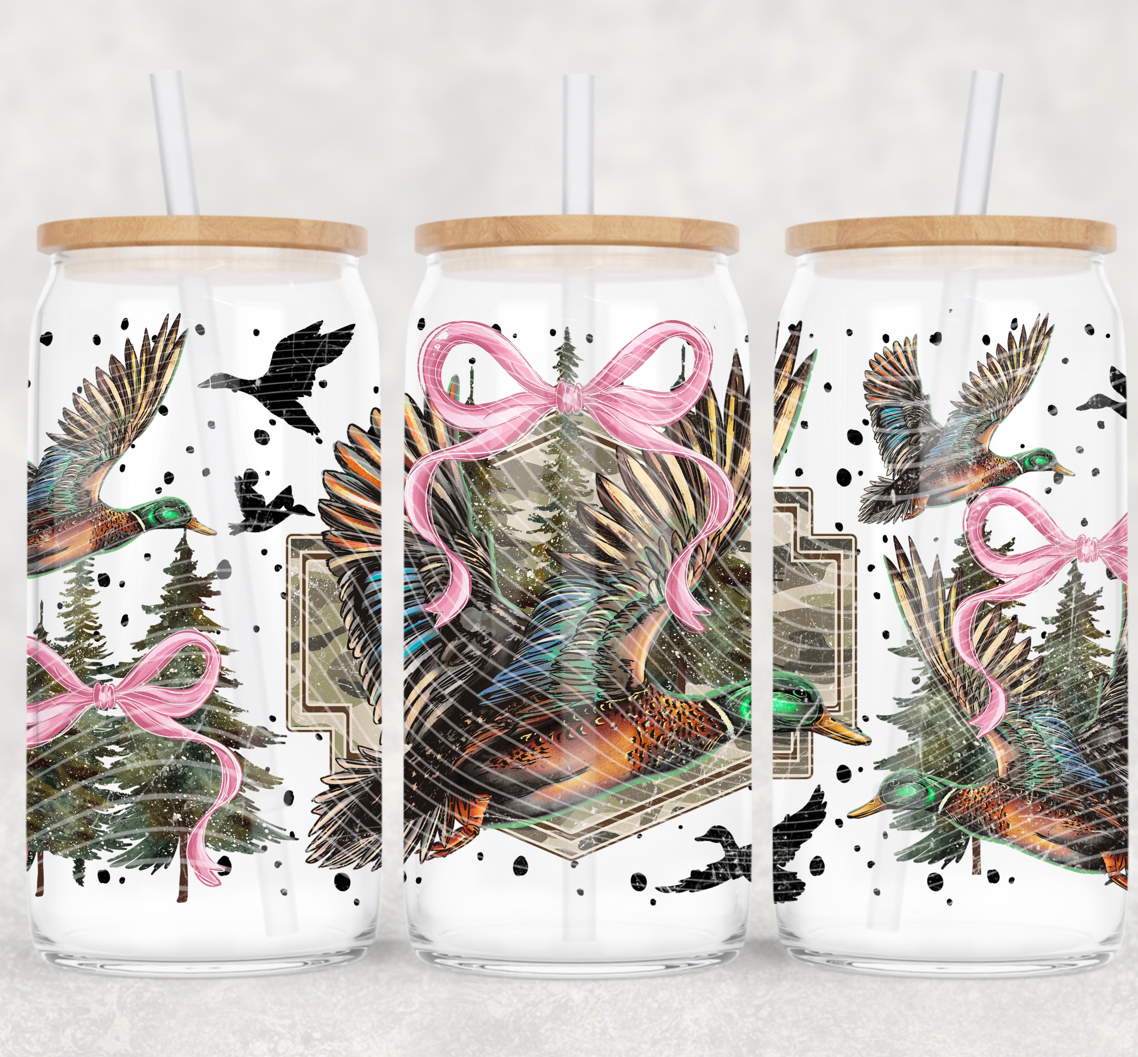 Waterfowl Pink  Bow 16 0z  Libbey glass UV DTF Wrap