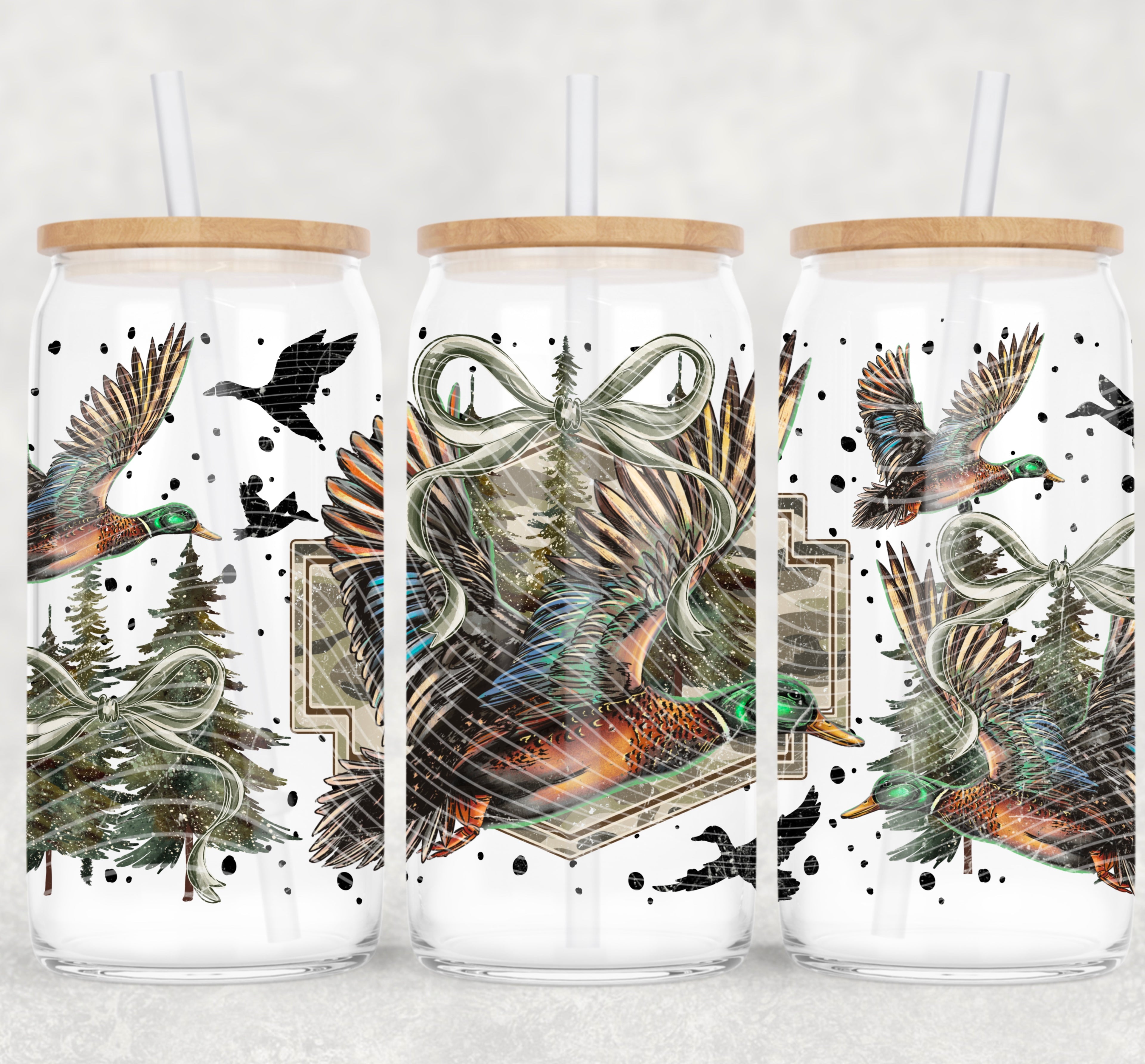 Waterfowl Green Bow 16 0z  Libbey glass UV DTF Wrap