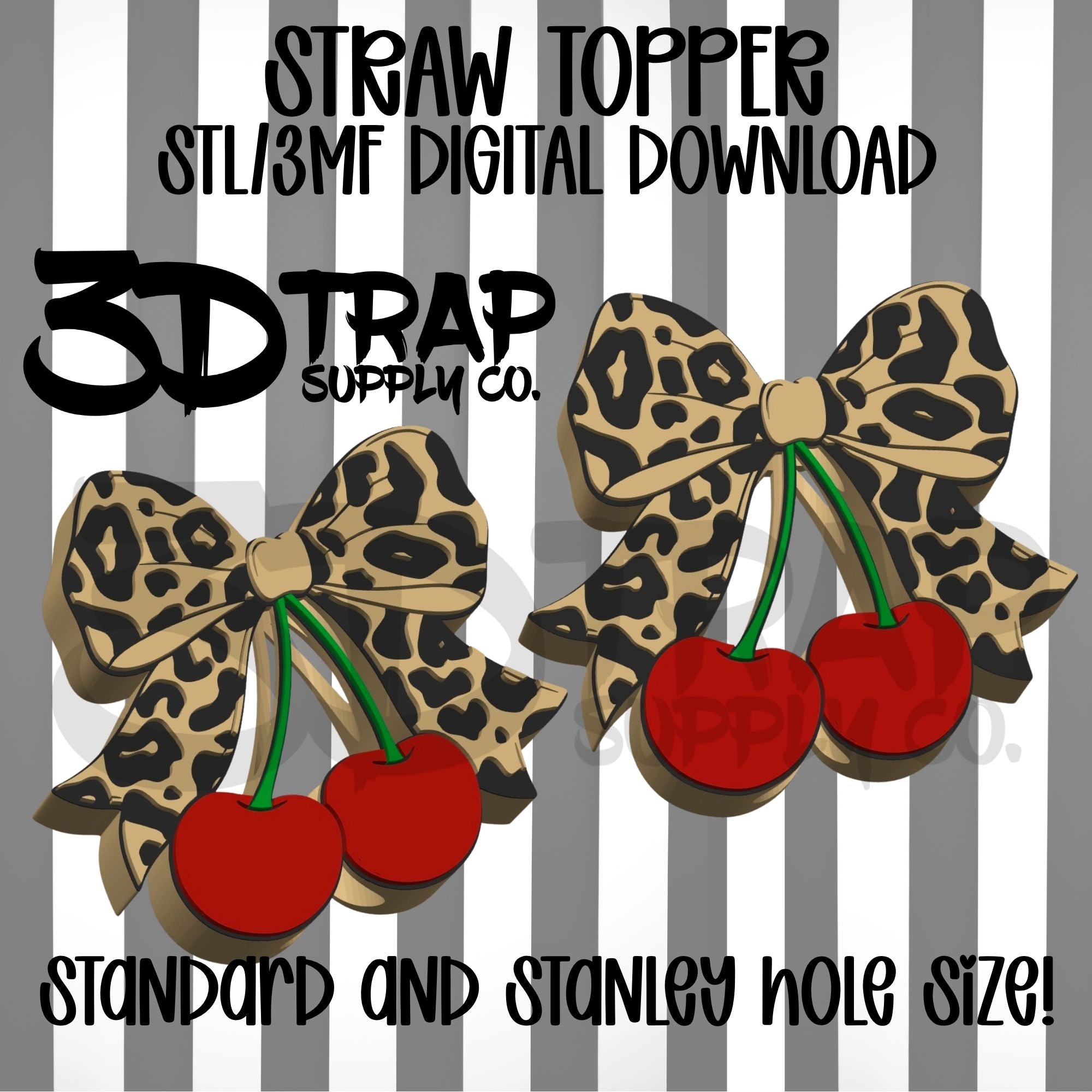 Leopard Bow Cherries Straw topper STL/3MF