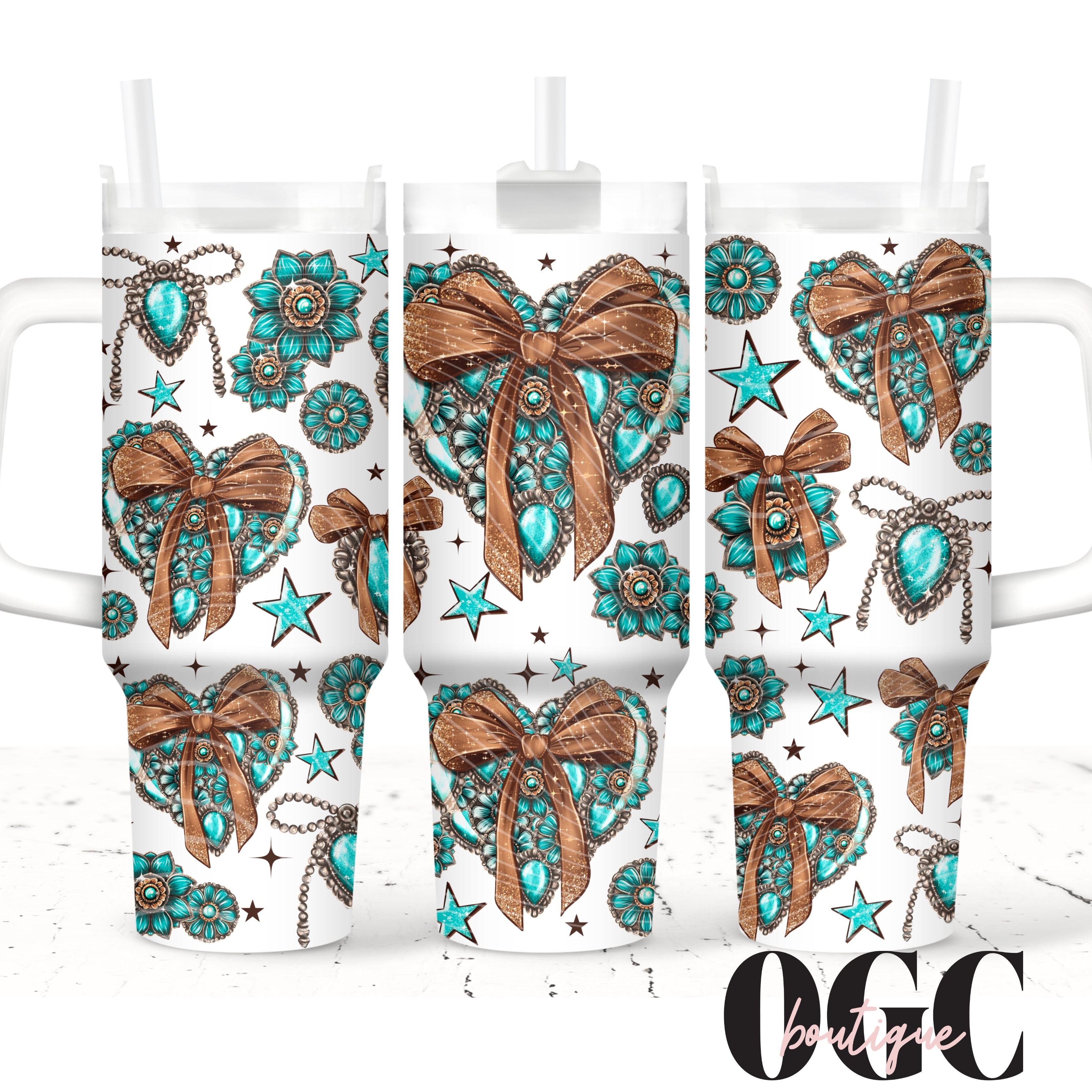 Western Heart Coquette bow turquoise 40 oz tumbler with hadle