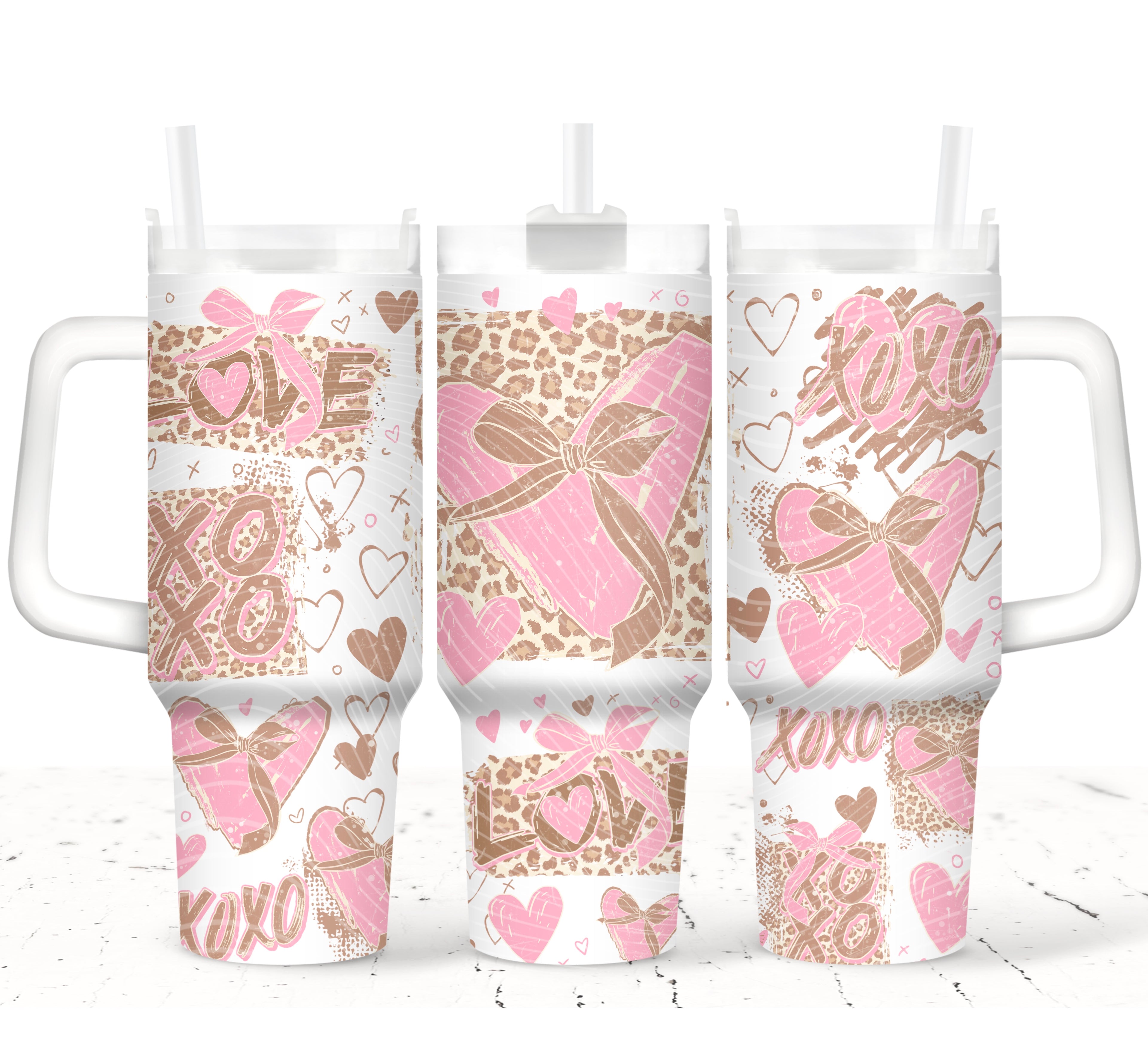 Cheetah Heart 40 oz Tumbler With Handle | Insulated Stainless Steel Cup | Reusable Drinkware