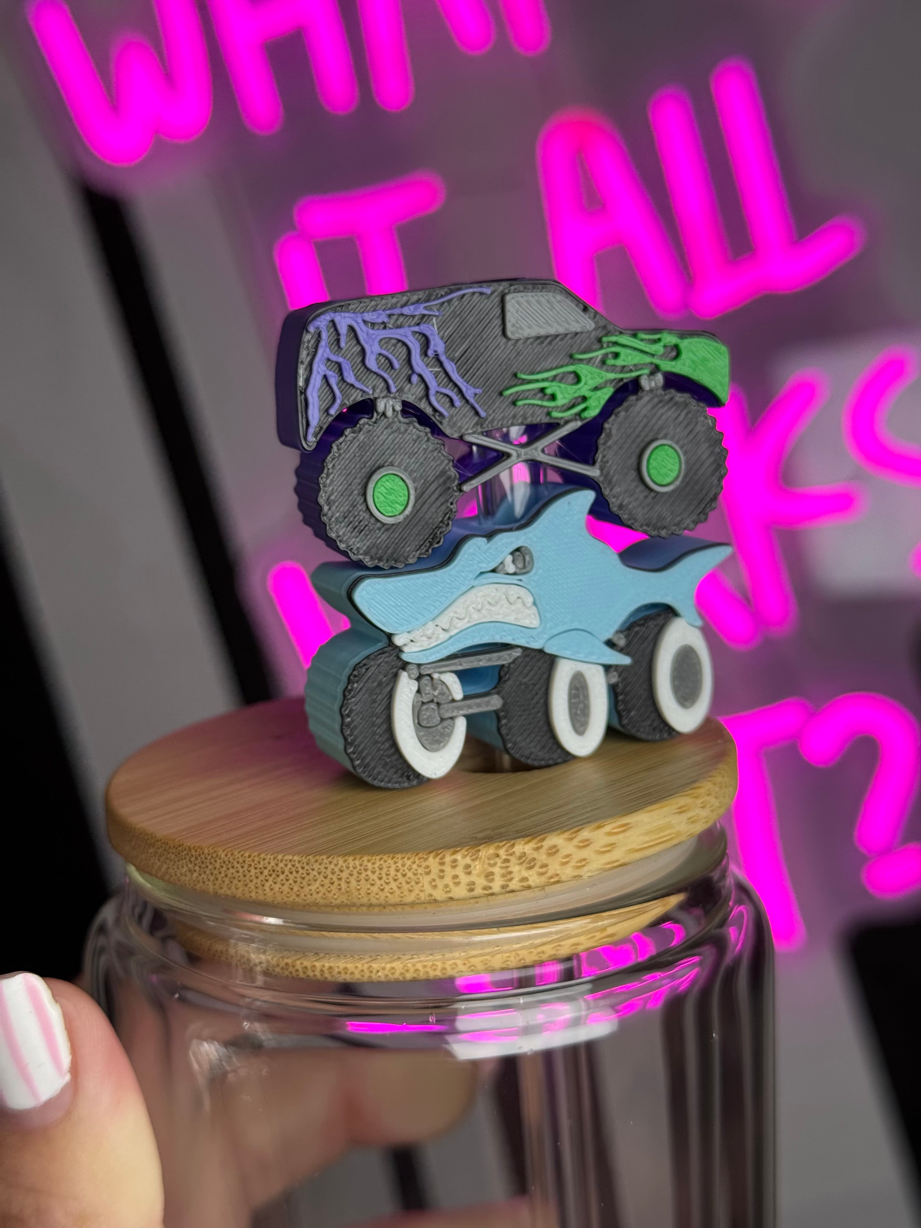 Green and purple monster truck Straw Topper