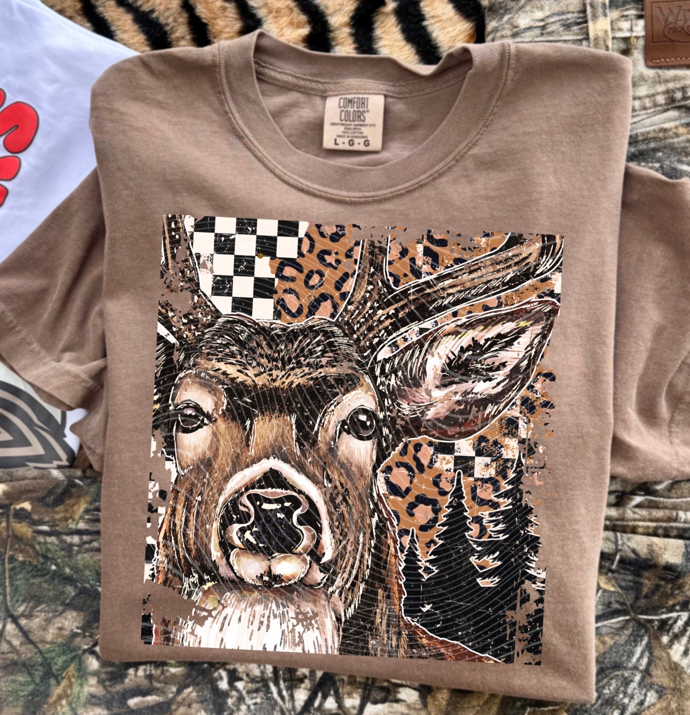 Hunting Deer Checker and Cheetah Graphic T Shirt Unisex | Soft Style Tee | Trendy Casual Everyday Shirt