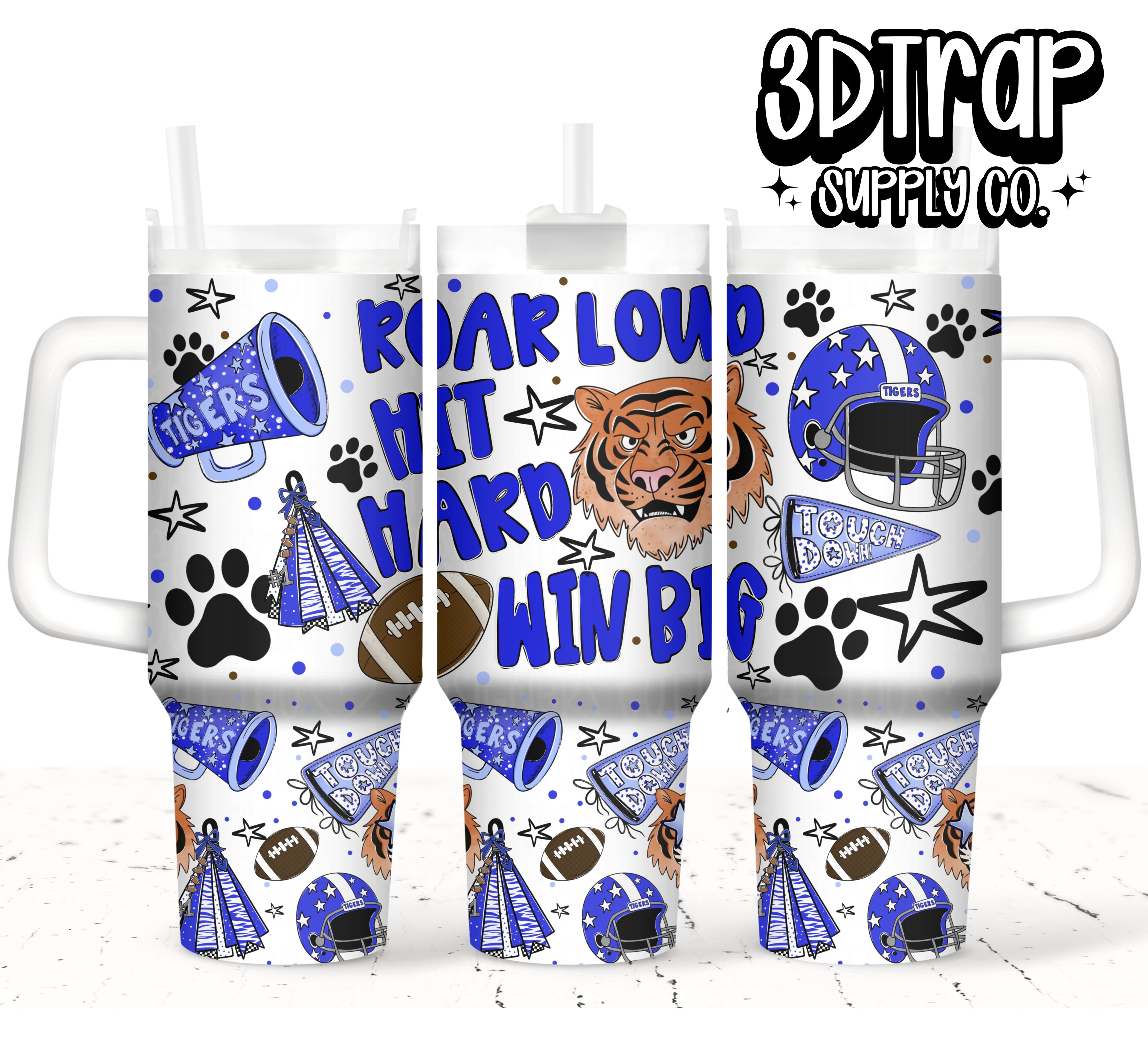 Roar loud Tiger blue/white 40 OZ tumbler design