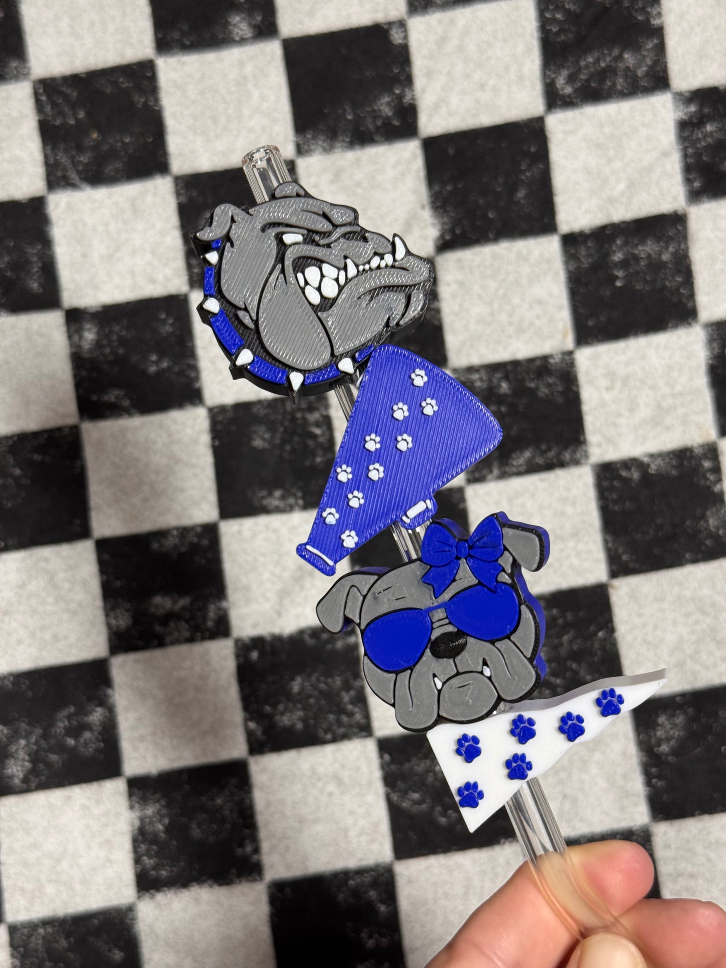 Bulldog with bow Blue  Straw Topper