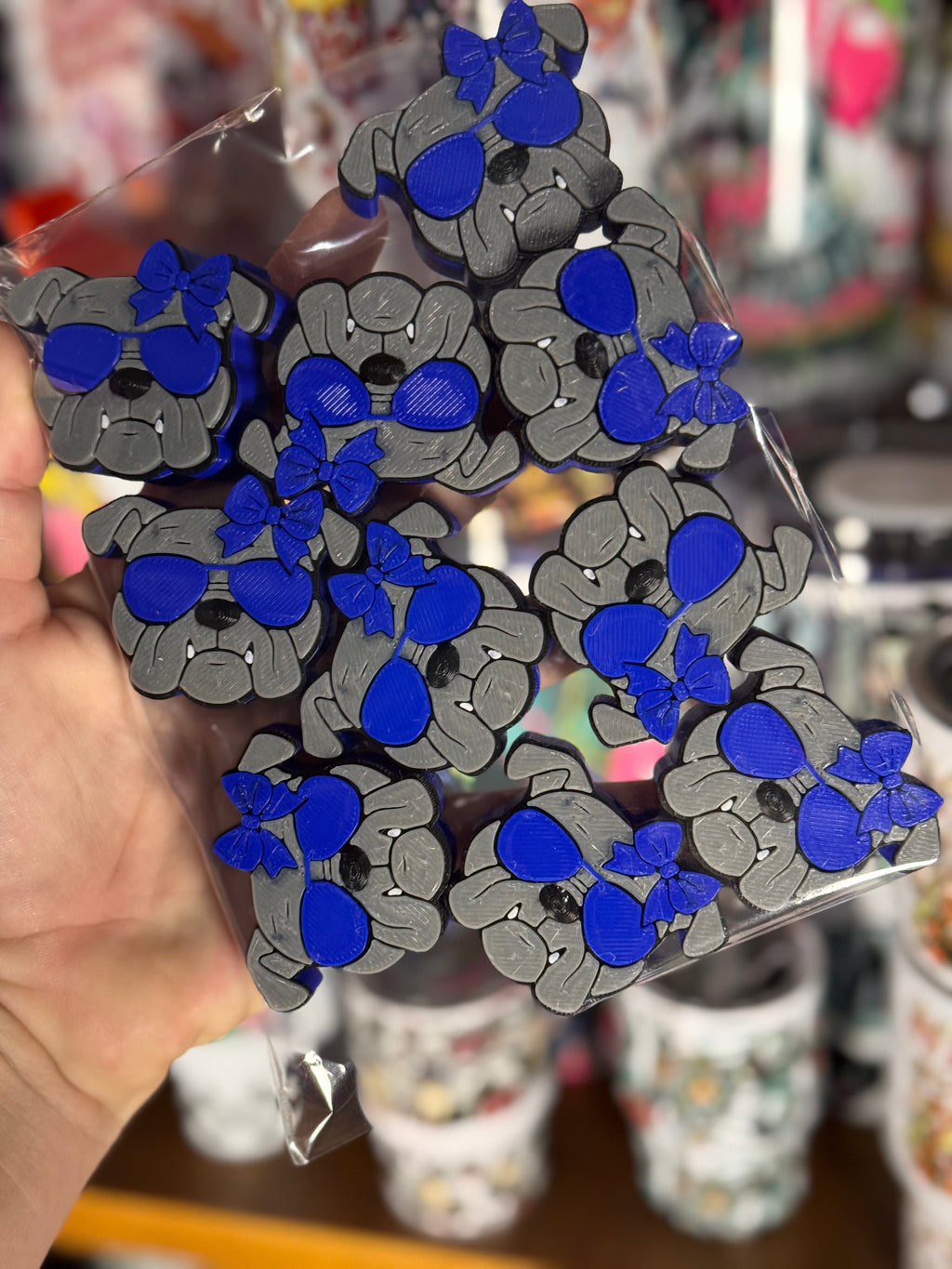 Bulldog with bow Blue  Straw Topper