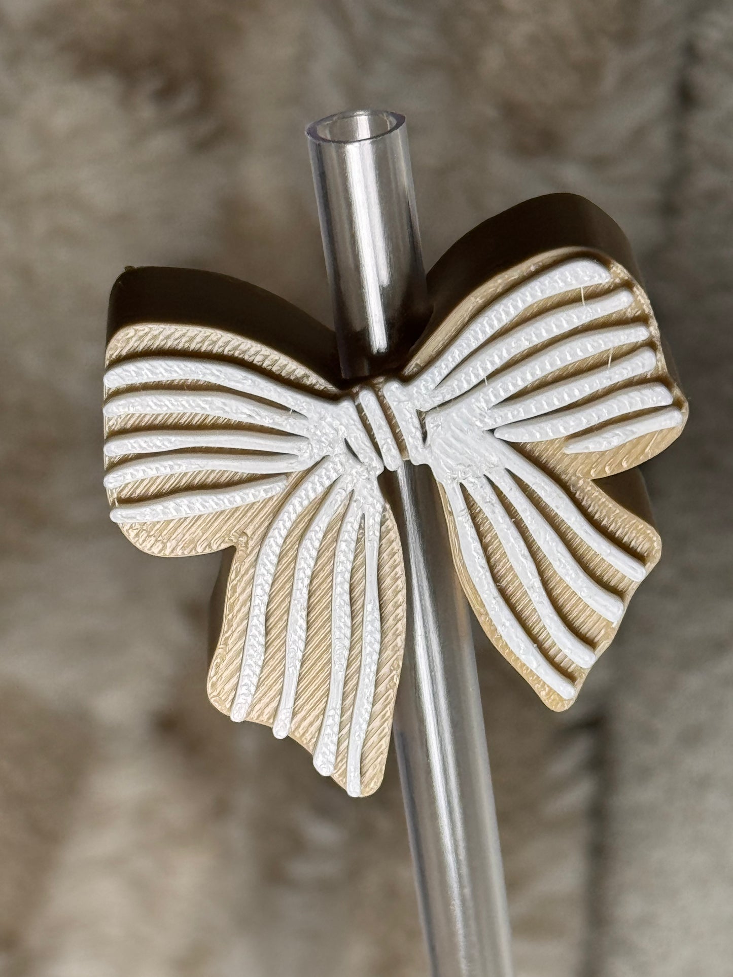 White and Tan Strip bow Straw Topper