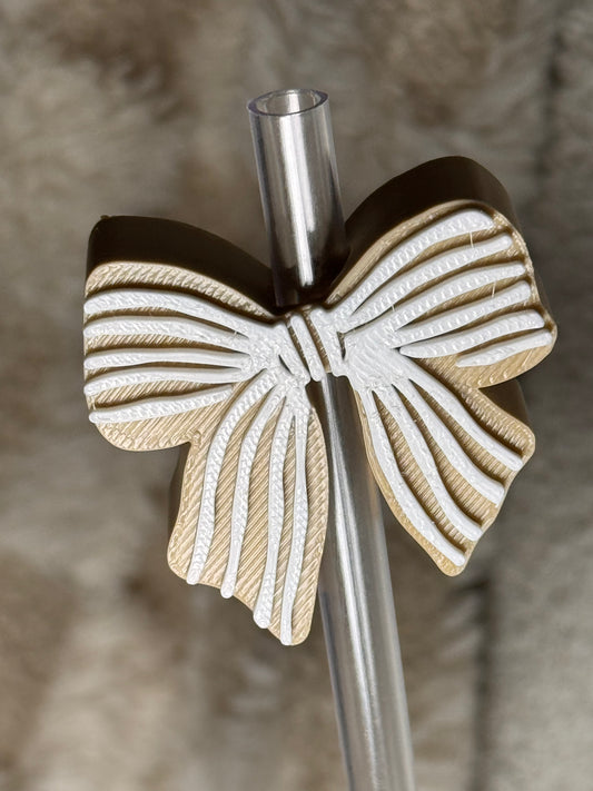 White and Tan Strip bow Straw Topper