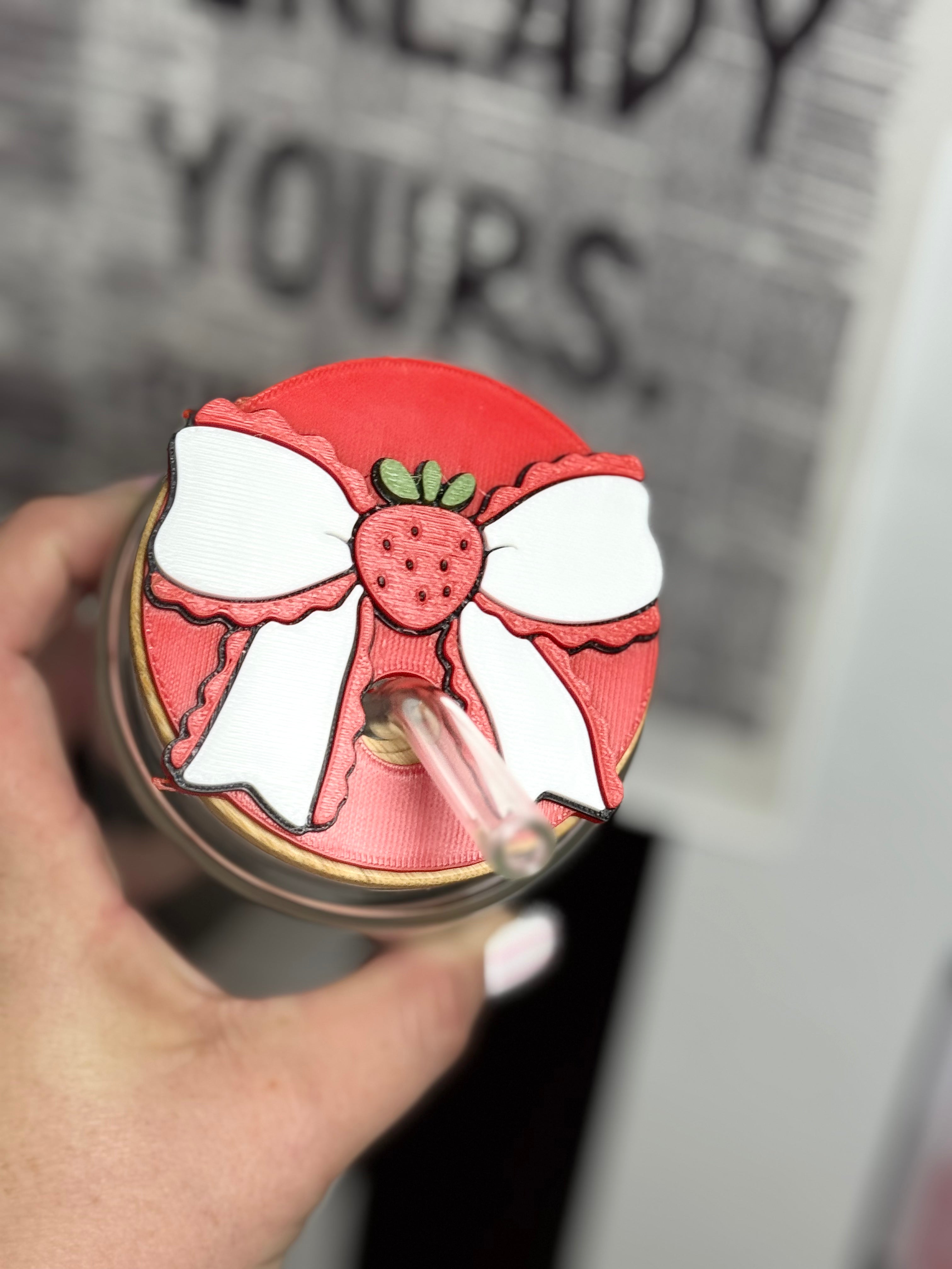 Strawberry Bow  16 oz Libbey Lid cover