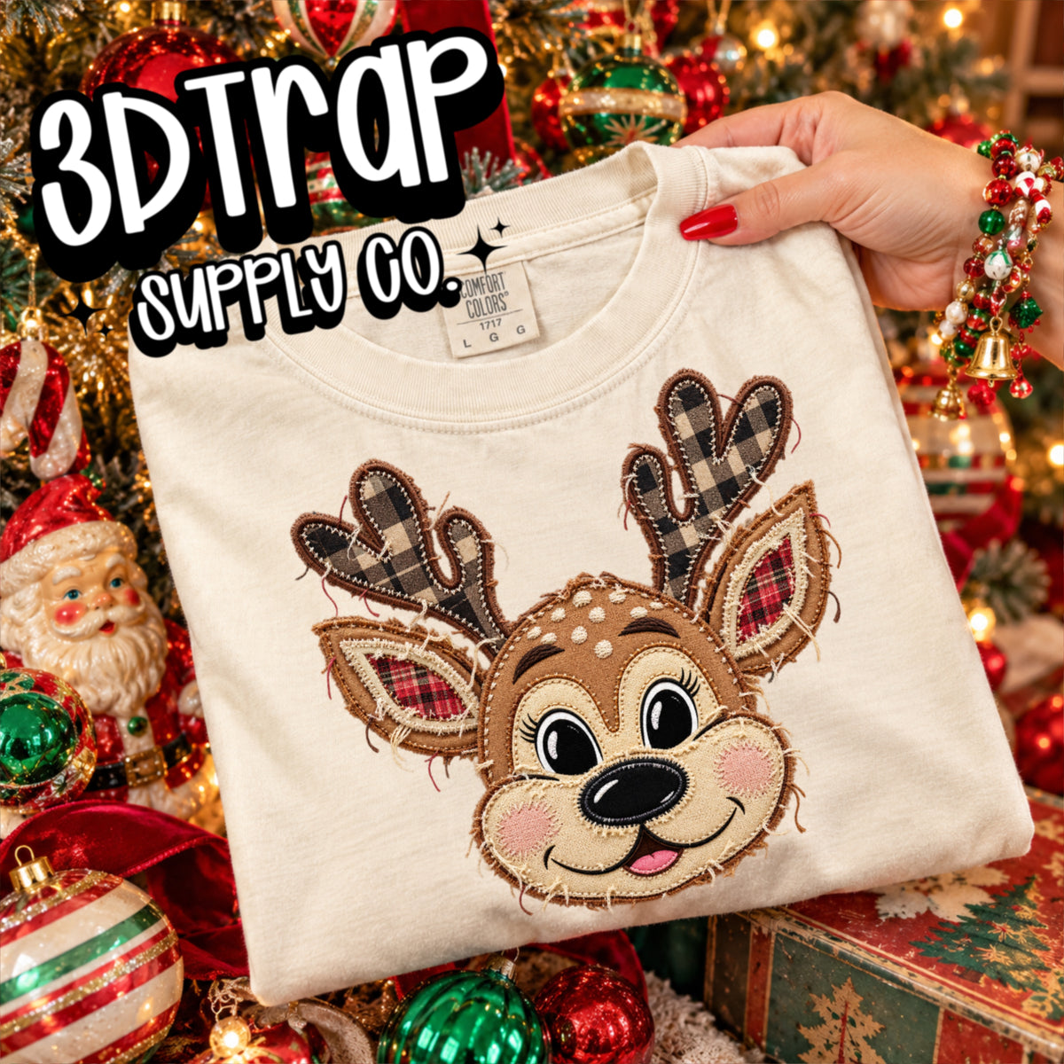 Reindeer Appliqué faux patch T-Shirt Design PNG |  Instant Download