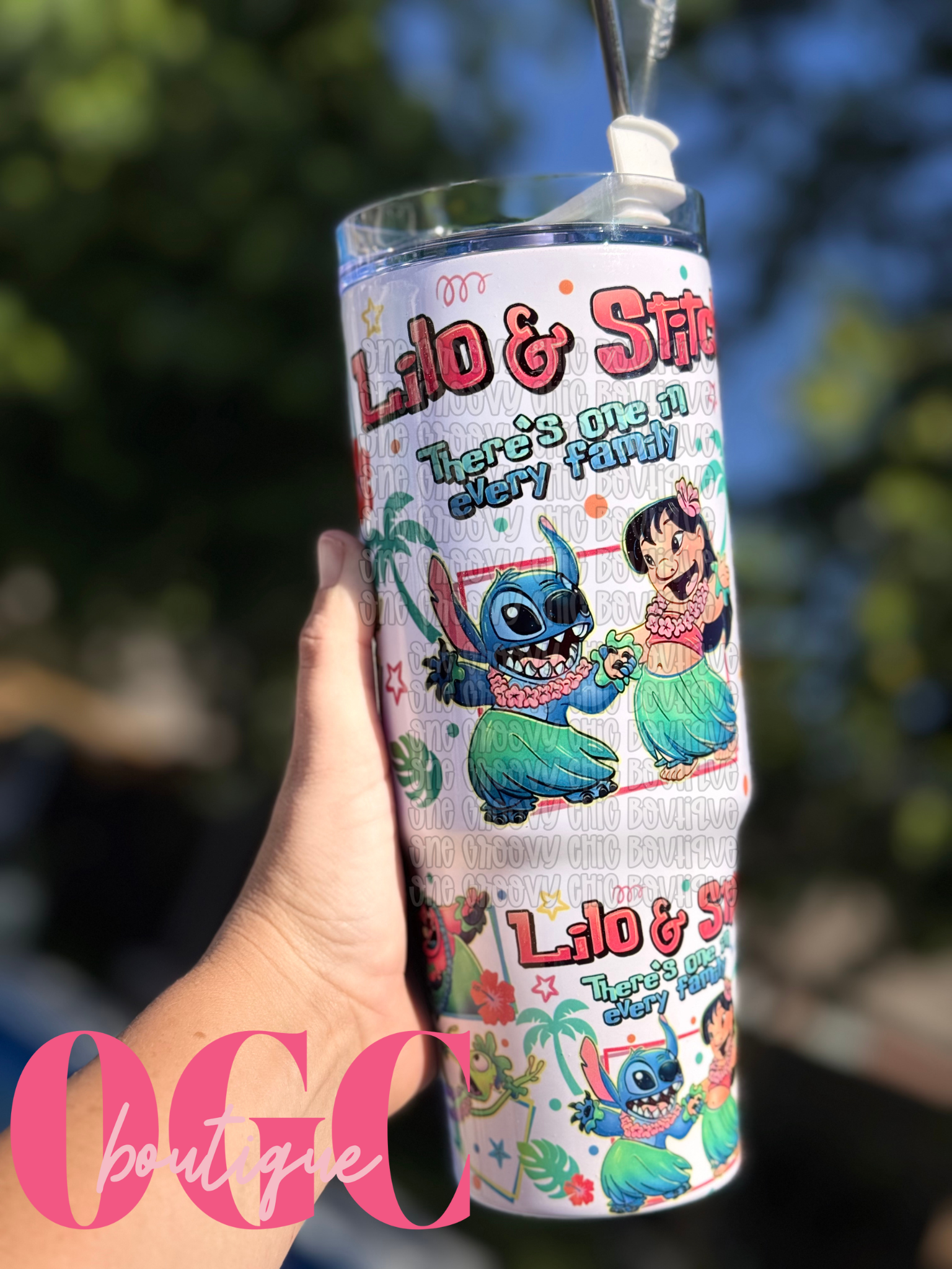 Blue alien inspired Tumbler with metal straw and rubber tip