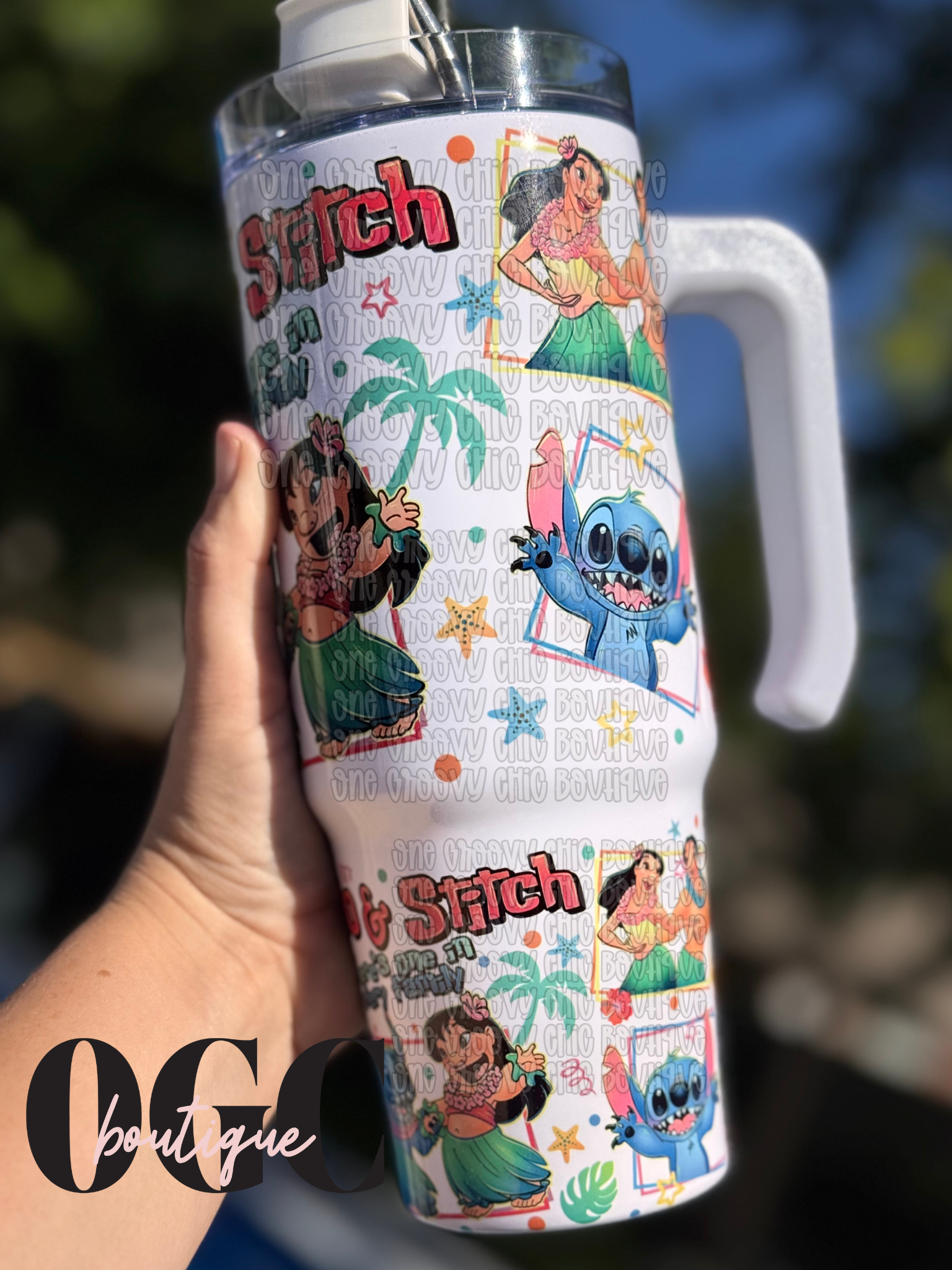 Blue alien inspired Tumbler with metal straw and rubber tip