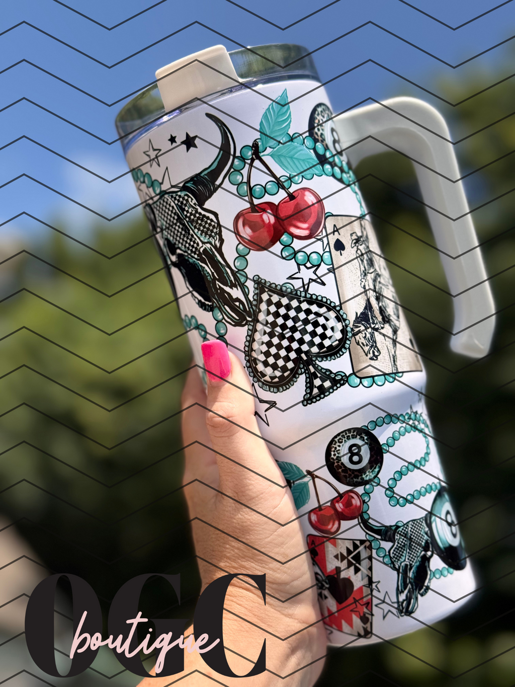 Billiards Tumbler  30 oz Handle Cup 8 Ball Cherries Checkered Vintage Tumbler  Retro Tattoo Vibes Cup