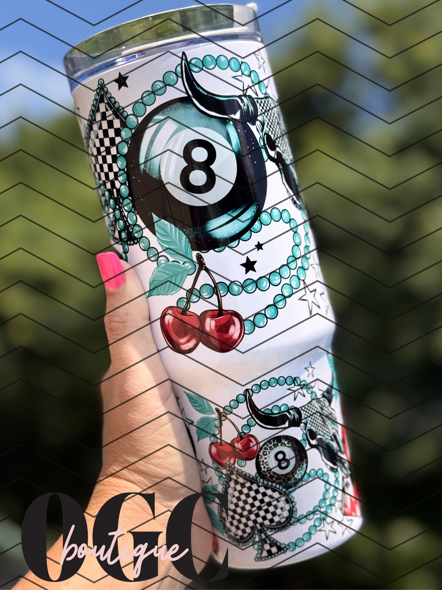 Billiards Tumbler  30 oz Handle Cup 8 Ball Cherries Checkered Vintage Tumbler  Retro Tattoo Vibes Cup