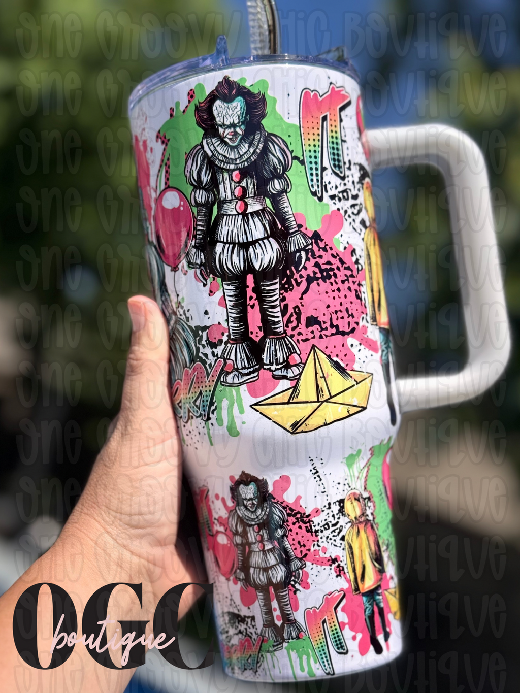 PW inspired Neon Pink Scary Clown Scary movies 40 OZ Tumbler with metal straw and rubber tip (Copy)