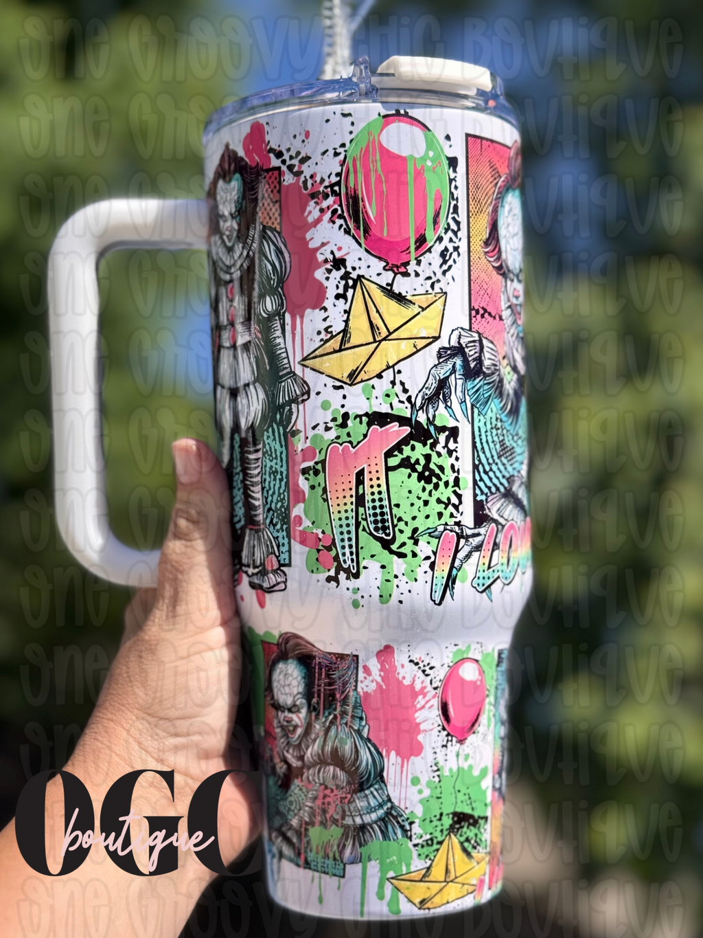 PW inspired Neon Pink Scary Clown Scary movies 40 OZ Tumbler with metal straw and rubber tip (Copy)