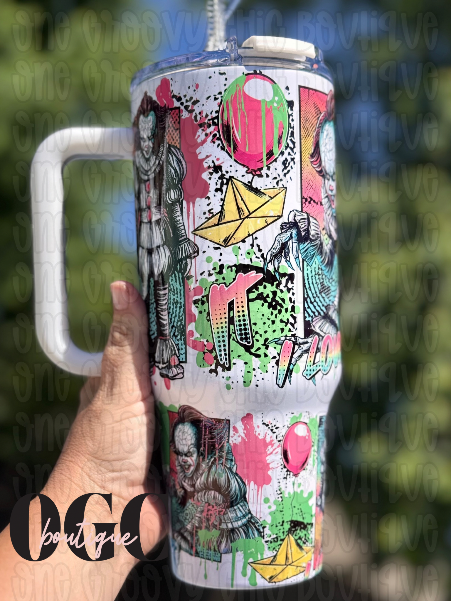 PW inspired Neon Pink Scary Clown Scary movies 40 OZ Tumbler with metal straw and rubber tip (Copy)