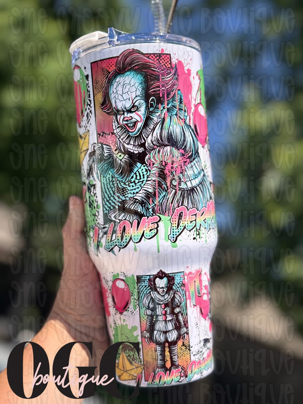 PW inspired Neon Pink Scary Clown Scary movies 40 OZ Tumbler with metal straw and rubber tip (Copy)